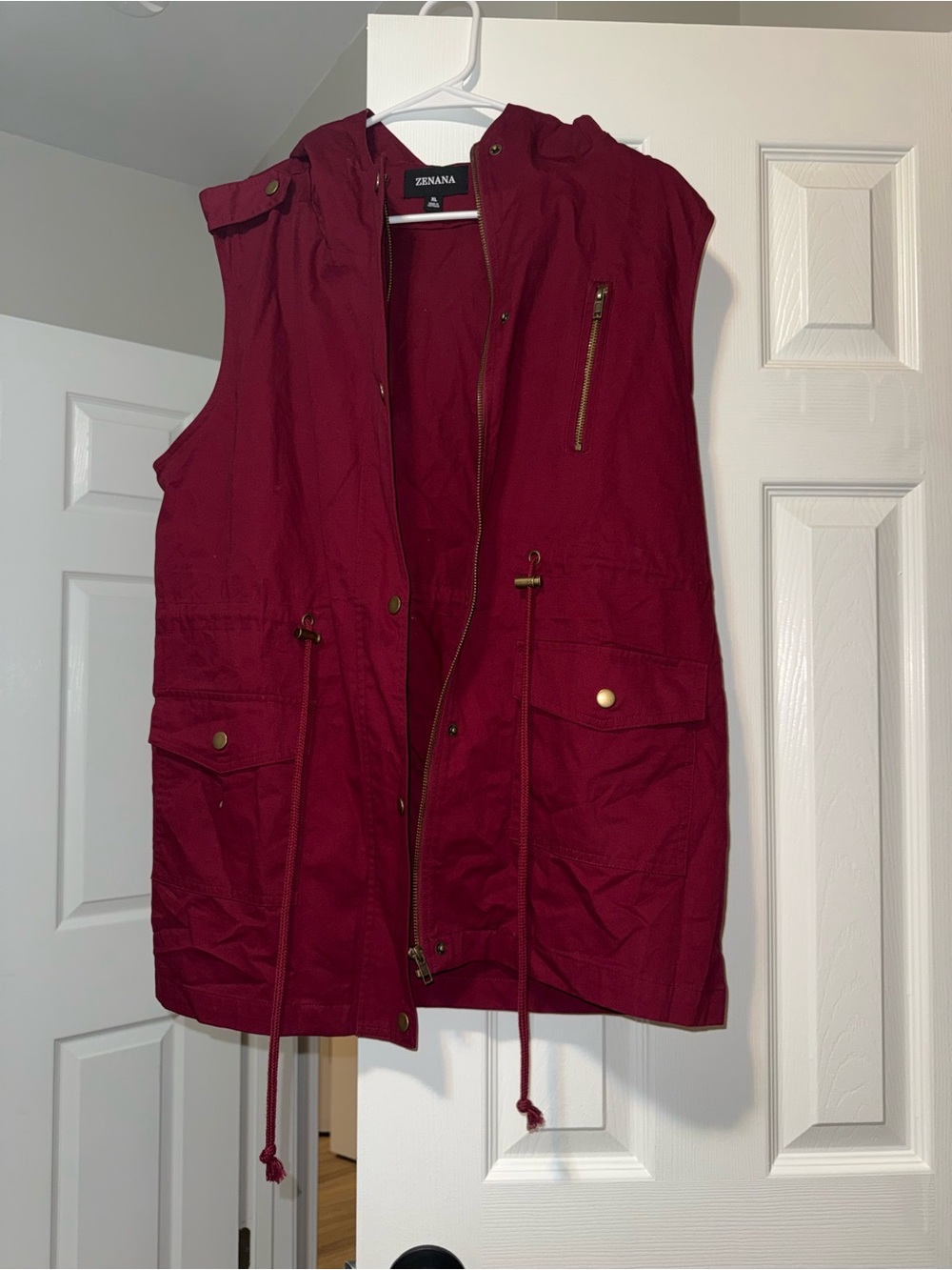 Zenana Outfitters Sleeveless Hooded Utility Vest in Wine